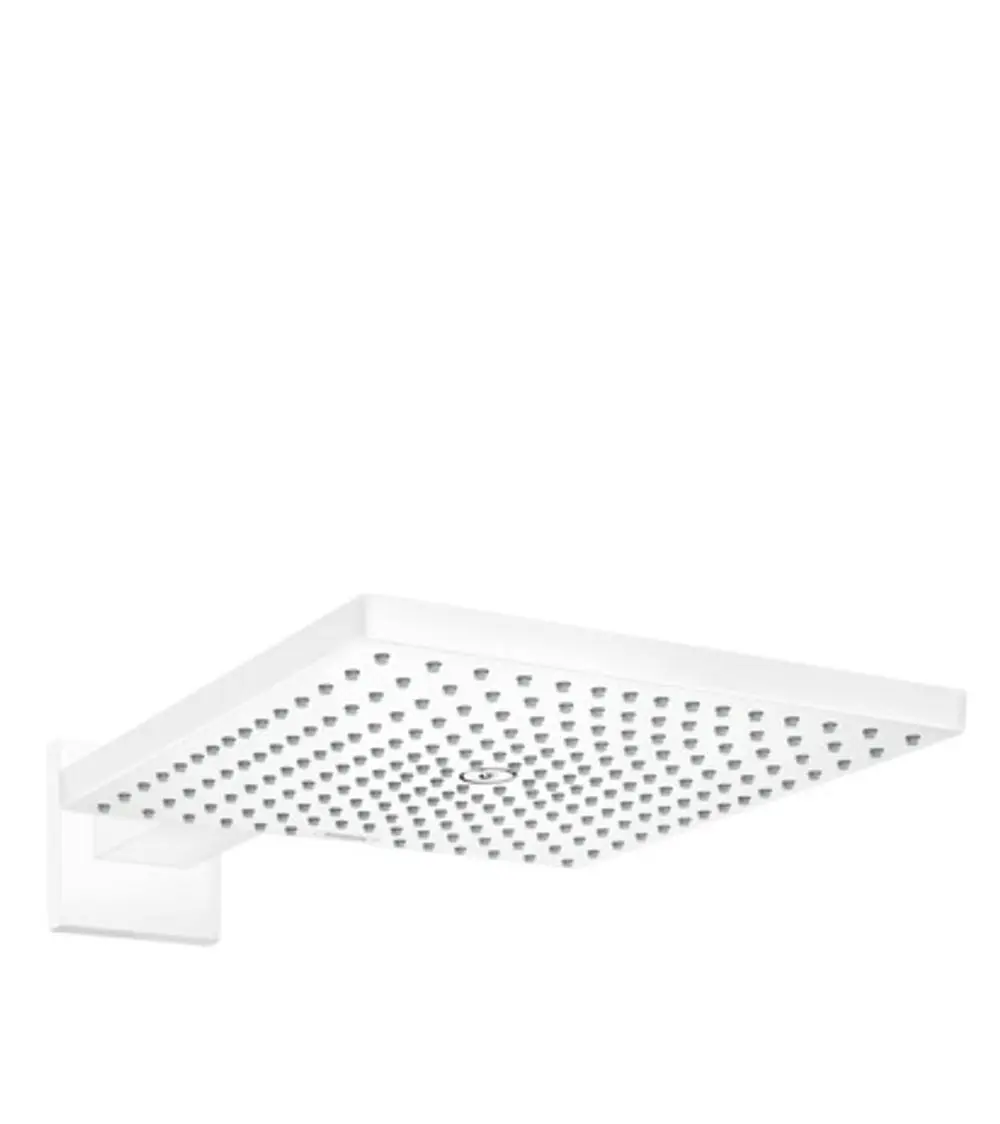 Weißer, quadratischer Duschkopf von Hansgrohe mit vielen kleinen Düsen zur Wasserabgabe. Befestigung an der Wand. Minimalistisches Design.